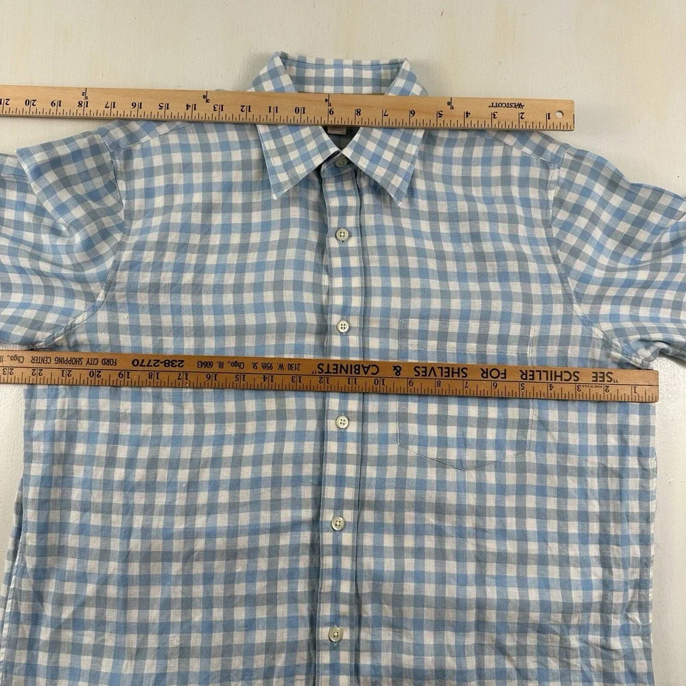 Banana Republic 100% Linen Shirt Men Medium White Blue Gingham Plaid Long Sleeve